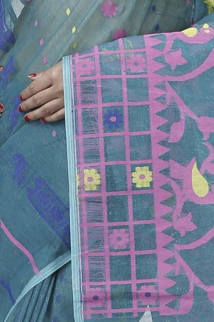 See Green Pure Cotton Sabon Jamdani Saree (1307)